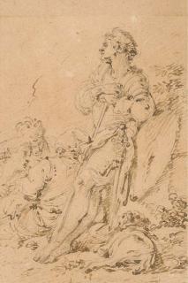 François Boucher - Un chevalier s\'appuyant sur un bâton dans un paysage, avec un chien et trois figures