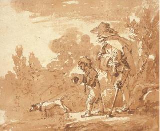 François Boucher - Un joueur de vielle unijambiste accompagné d\'un enfant et d\'un chien dans un paysage