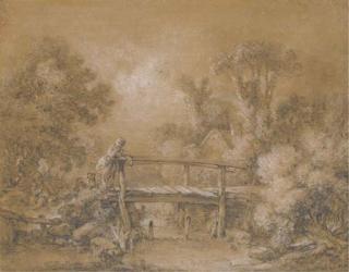 François Boucher - Un Paysage Avec Un Enfant Sur Un Pont, Un Autre Assis Sur Un Chemin, Une Chaumière Au Fond