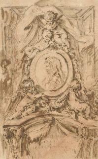 François Boucher - Un Projet de Monument Avec Deux Putti Soutenant Un Médaillon Avec Le Profil D\'Un Guerrier Sous Deux Putti Tenant Une Draperie