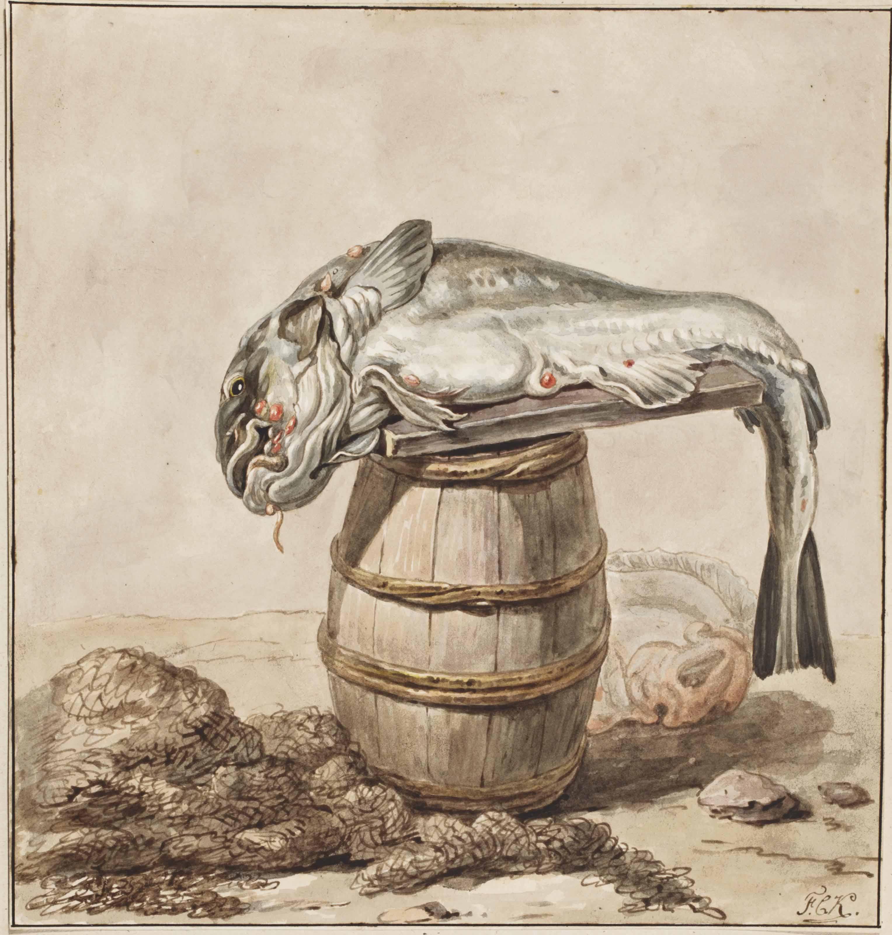 François Cornelis Knoll - A Dead Cod On A Barrel With A Fishing Net