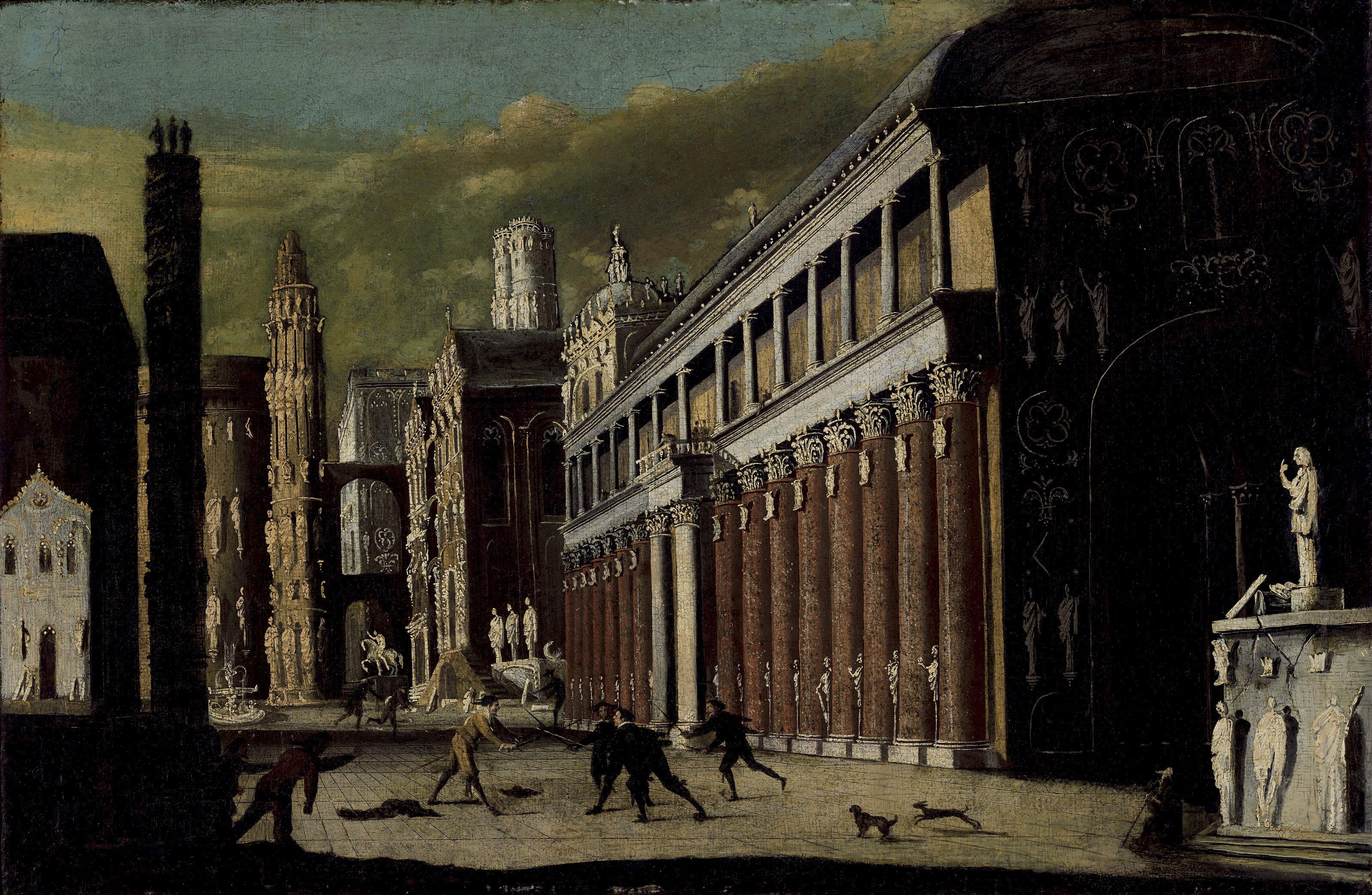 François De Nomé, Called Monsù Desiderio - An Architectural Capriccio With Figures Engaged In A Skirmish