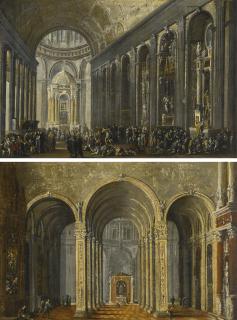 François De Nomé - A Pair Of Cathedral Interiors With Figures Worshipping