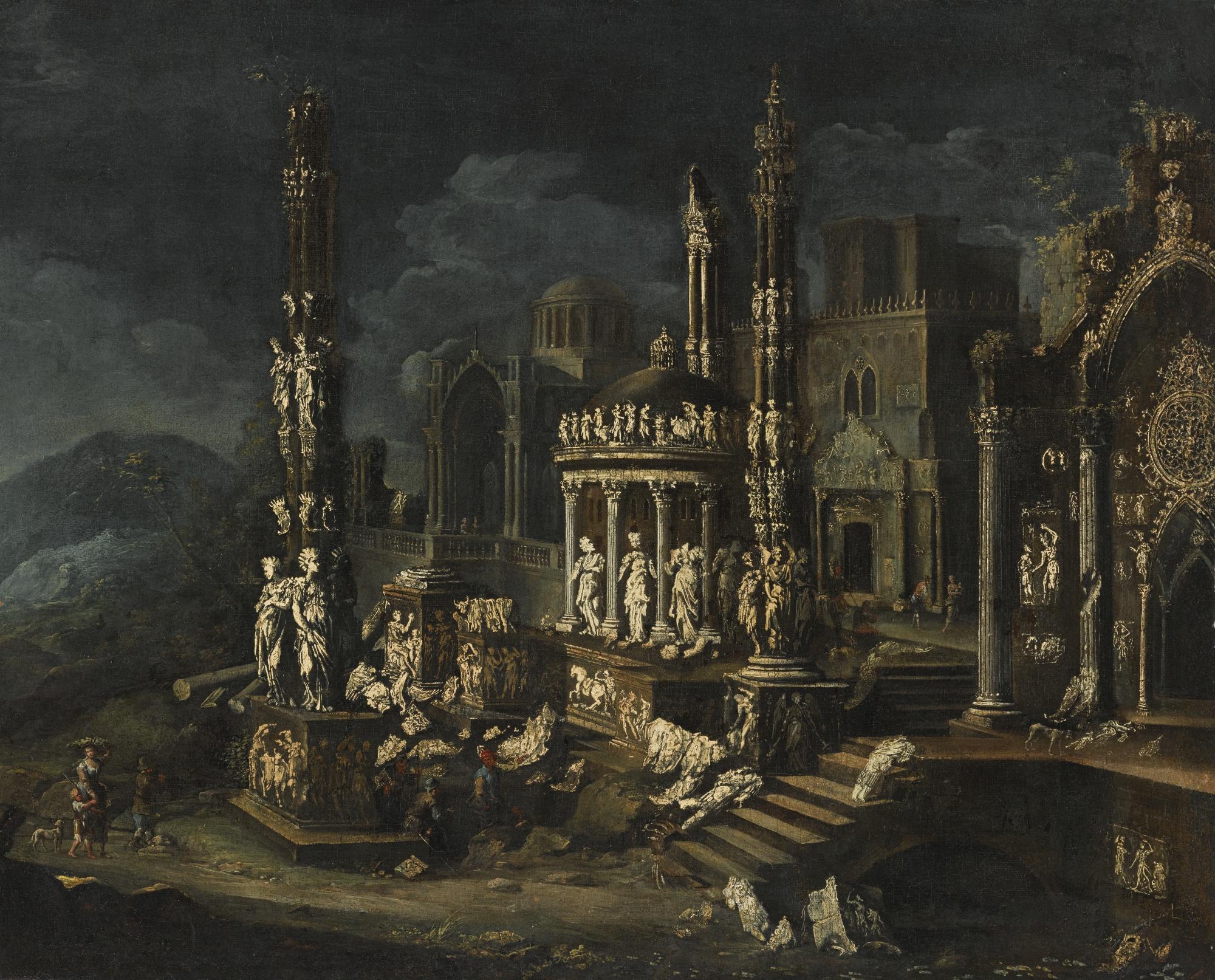 François De Nomé - An Architectural Capriccio With A Group Of Figures