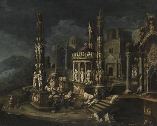 François De Nomé - An Architectural Capriccio With A Group Of Figures