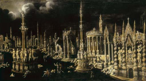François de Nomé - An architectural fantasy with artists sketching