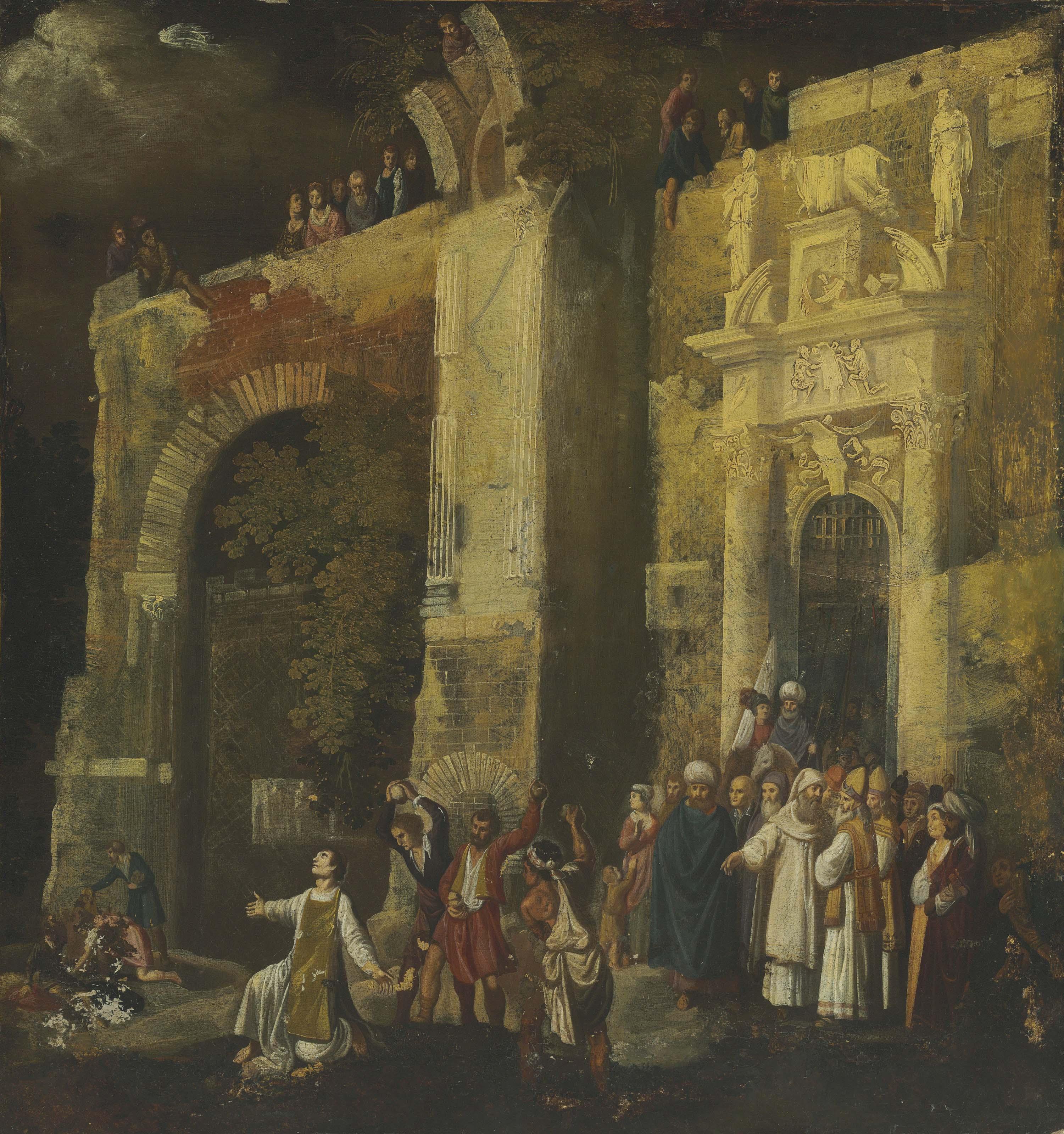 François De Nomé - The Stoning of Saint Stephen, a Classical architectural capriccio beyond