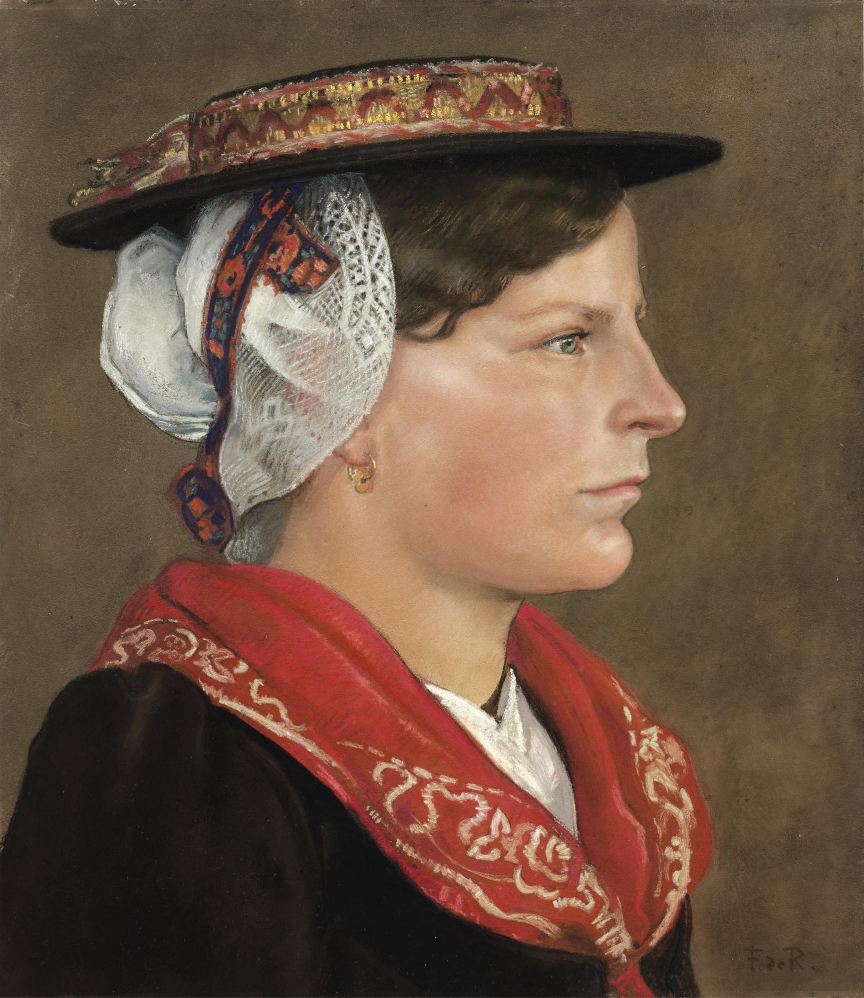 François de Ribaupierre - Valaisanne De Profil Au Châle Rouge