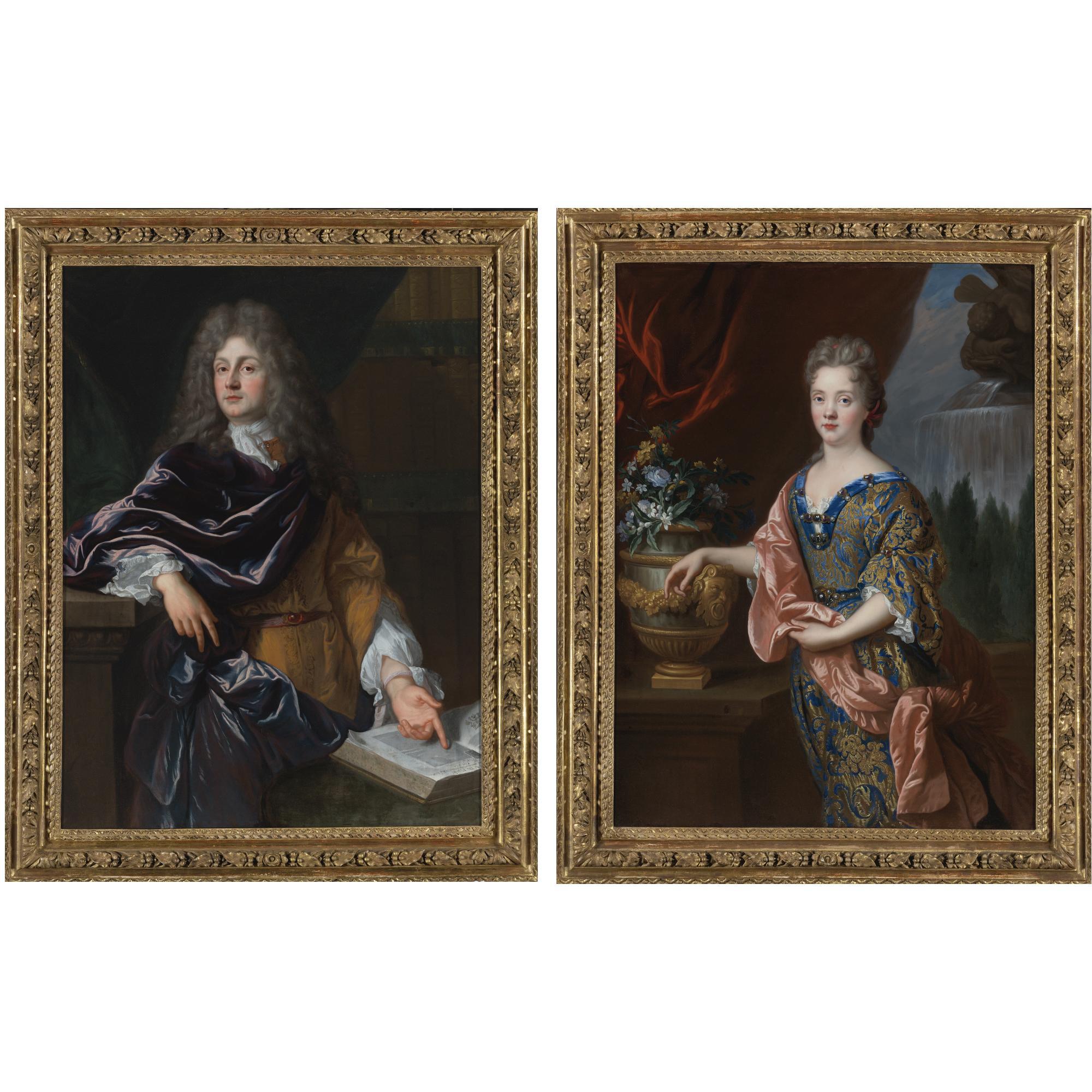 François de Troy - Portrait Of A Gentleman, Three-Quarter Length, Standing, Pointing Towards The Pages Of An Open Book; Portrait Of A Lady, Three-Quarter Length, Standing Before An Elegant Garden, Her Arm Resting On An Urn