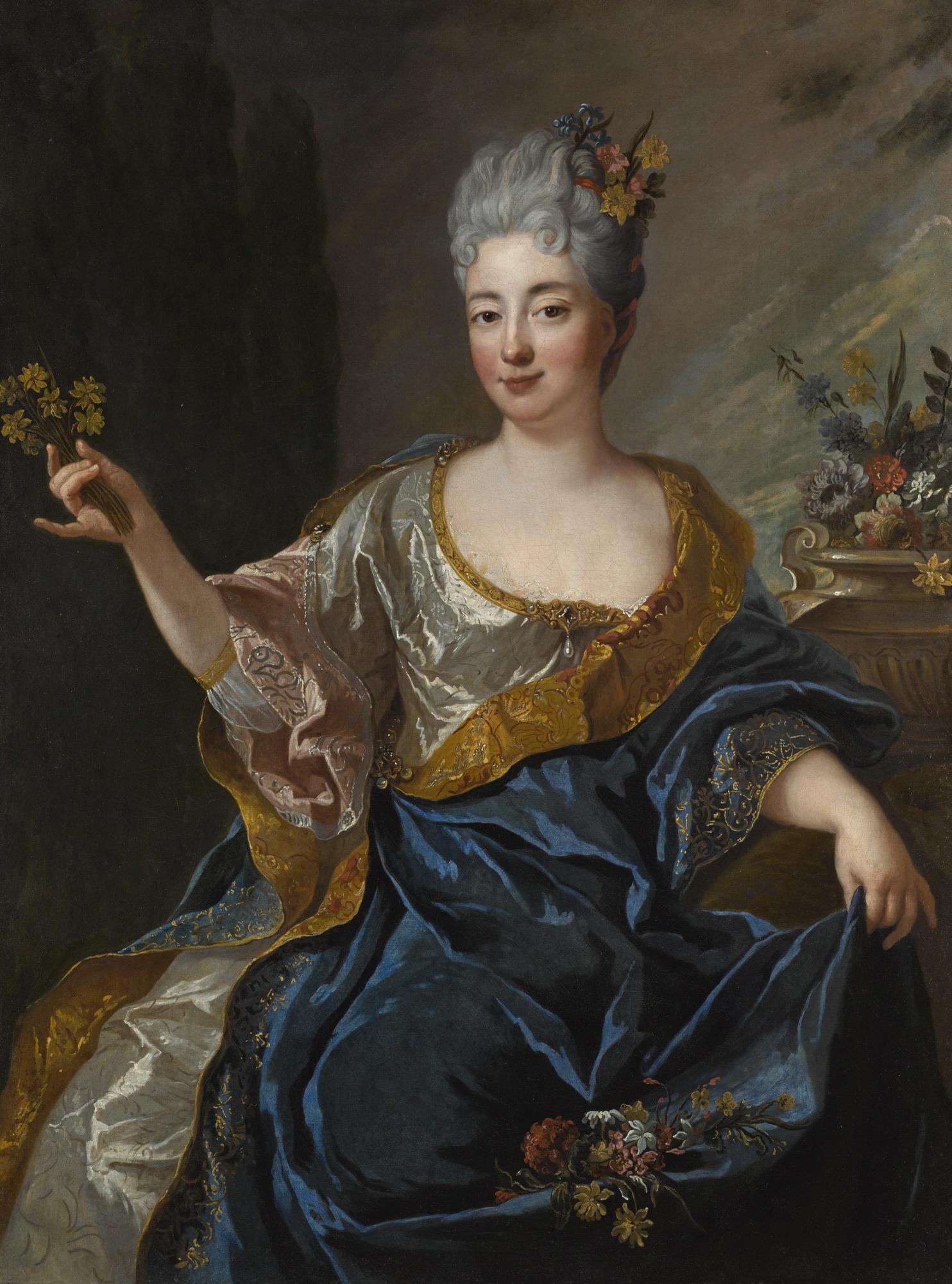 François de Troy - Portrait Of A Lady, Three-Quarter-Length, Holding Flowers