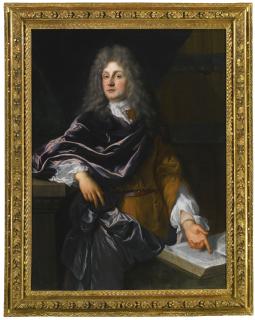 François De Troy - Portrait Of An Elegant Man, Three-Quarter Length, Standing And Pointing Towards The Pages Of An Open Book
