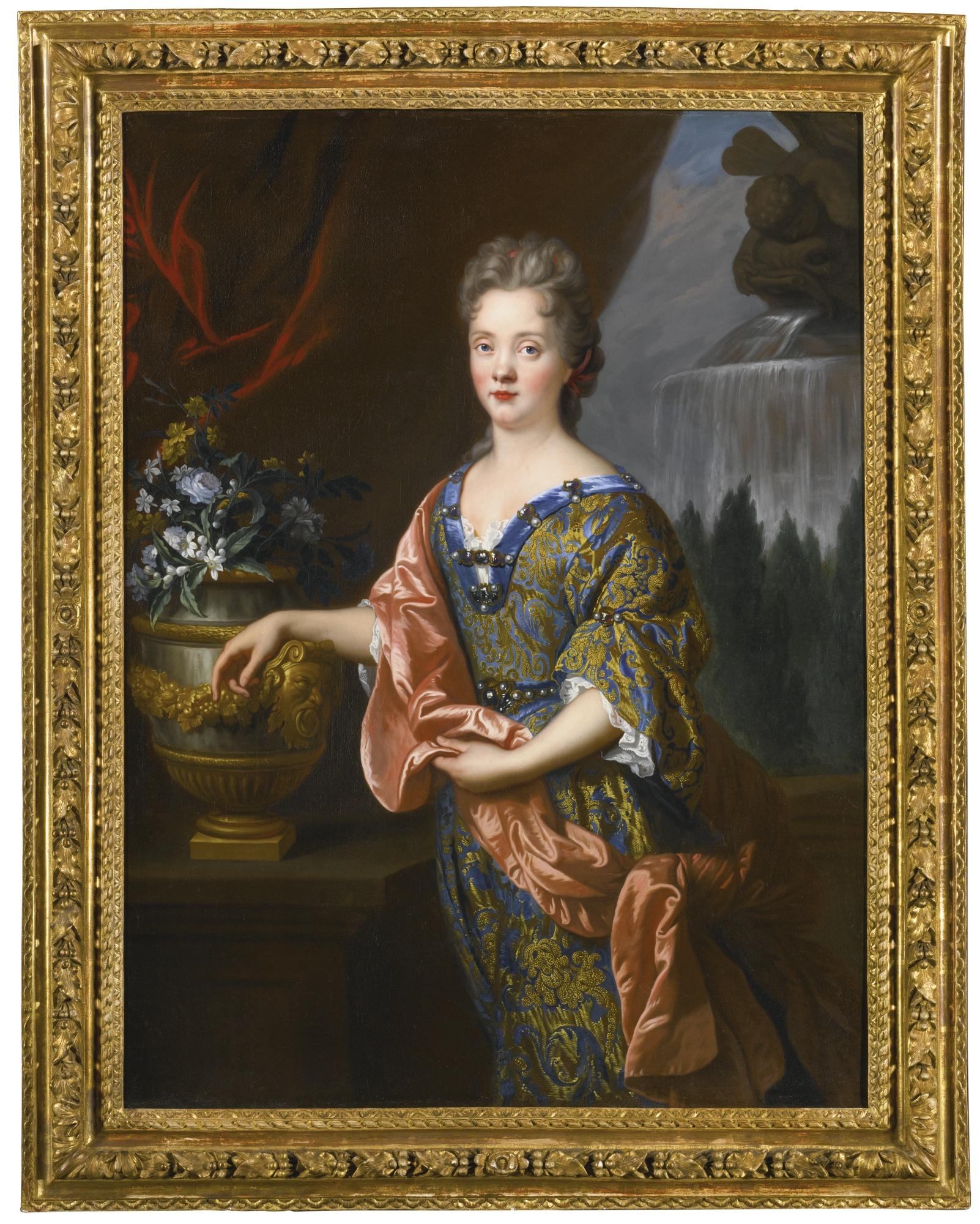 François De Troy - Portrait Of An Elegant Woman, Three-Quarter Length, Standing Before A Fountain, Her Arm Resting On An Urn With Flowers