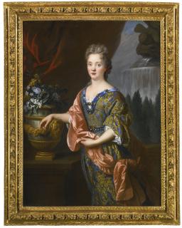 François De Troy - Portrait Of An Elegant Woman, Three-Quarter Length, Standing Before A Fountain, Her Arm Resting On An Urn With Flowers