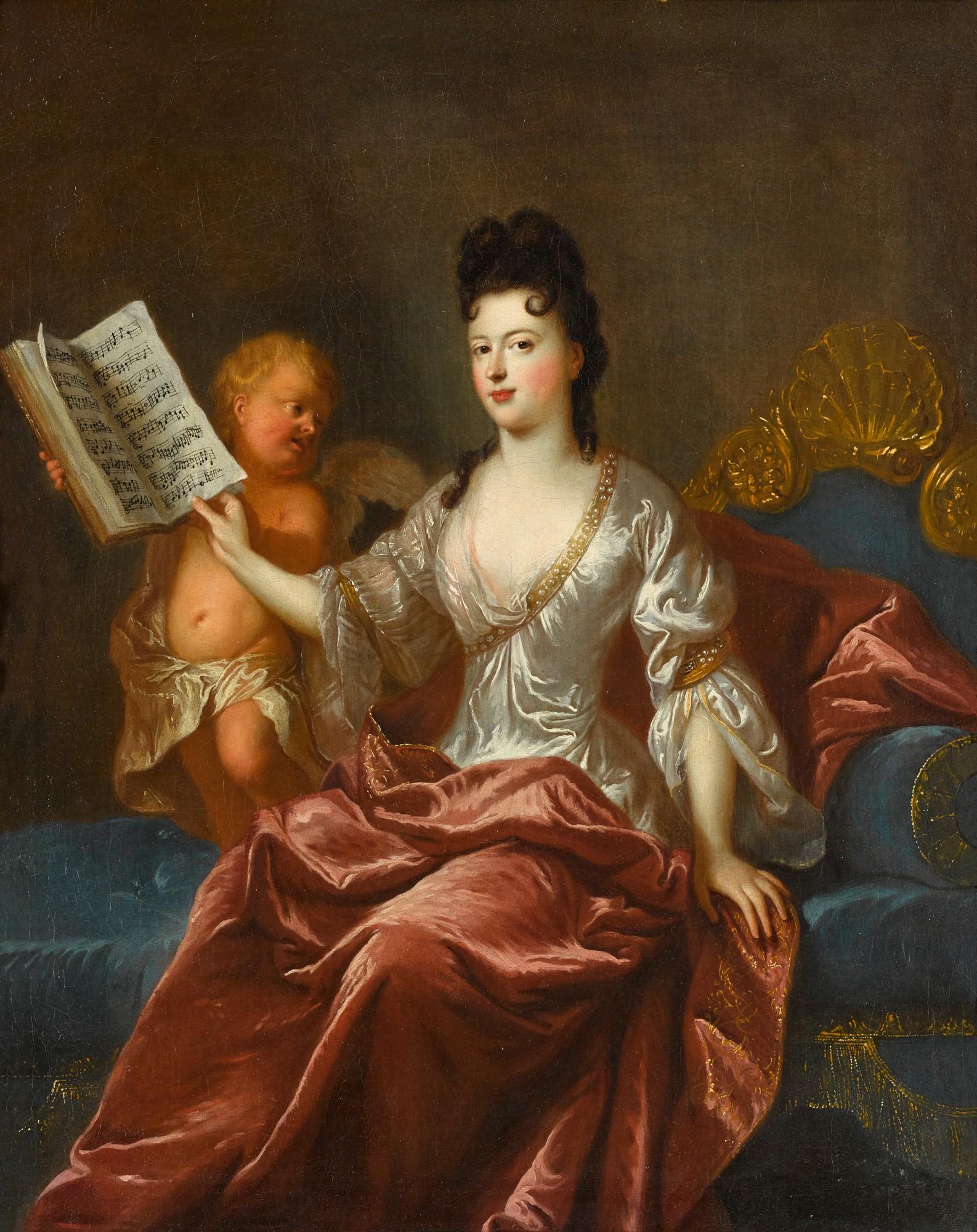 François De Troy - Portrait Of Catherine De La Boissière, Née Loison, Full-Length, Seated On A Sofa And Leafing Through Musical Scores Held By A Putto