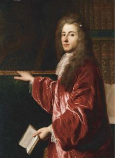 François De Troy - Portrait of H. Bernard de Roqueleyne, the Baron de Longepierre (1659-1721), three-quarter-length, in a red coat and white cravatte, holding a book in his left hand