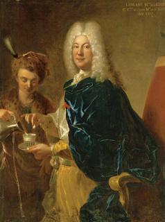François de Troy - Portrait of Le Blanc, Minister of War, Three-Quarter-Length, Being Served Chocolate By A Young Male Servant