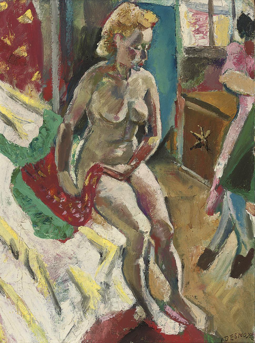 François Desnoyer - Nu assis dans un intérieur (recto); Paysage (verso)