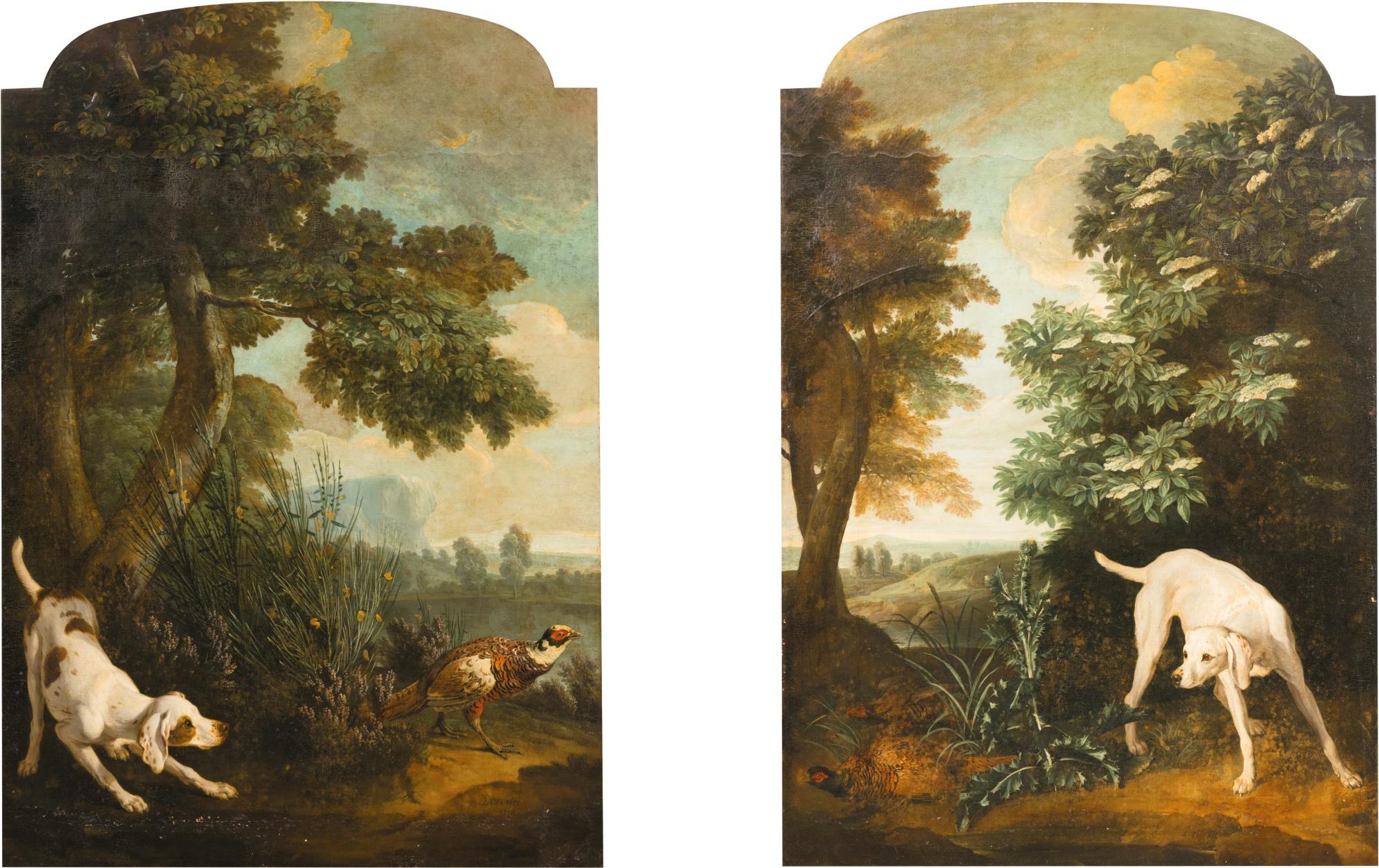 François Desportes - A Dog Pointing At A Pheasant Hen In A River Landscape; Mite Pointing At A Pheasant And A Partridge, In A Wooded Landscape With A Thistle