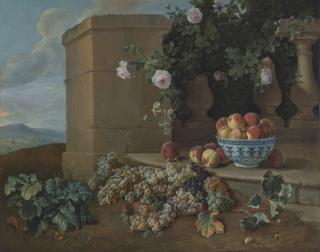 François Desportes - Coupe De Pêches Et Raisins Dans Un Paysage