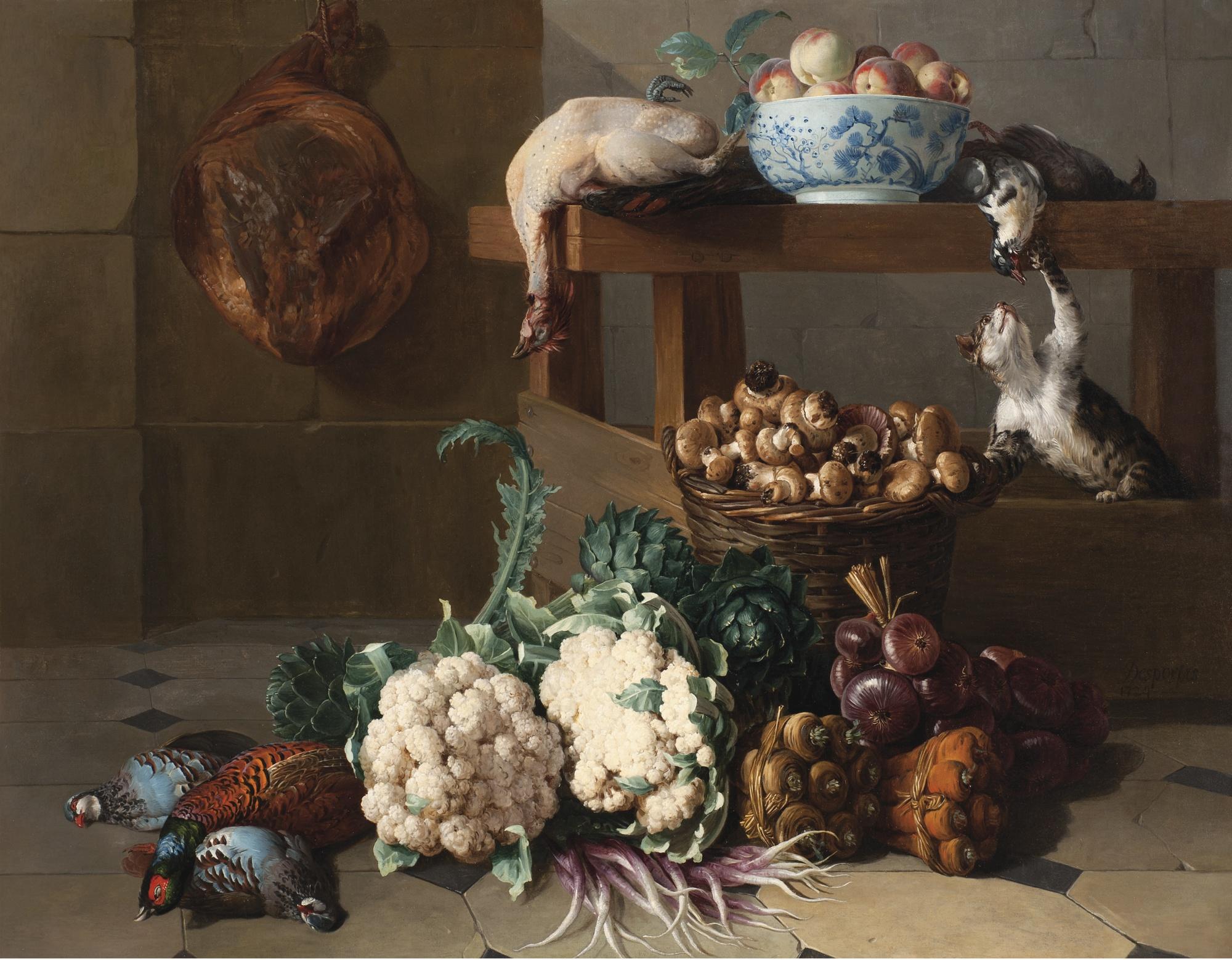 François Desportes - Garde-Manger Aux Artichauts, Choux-Fleurs Et Corbeille De Champignons