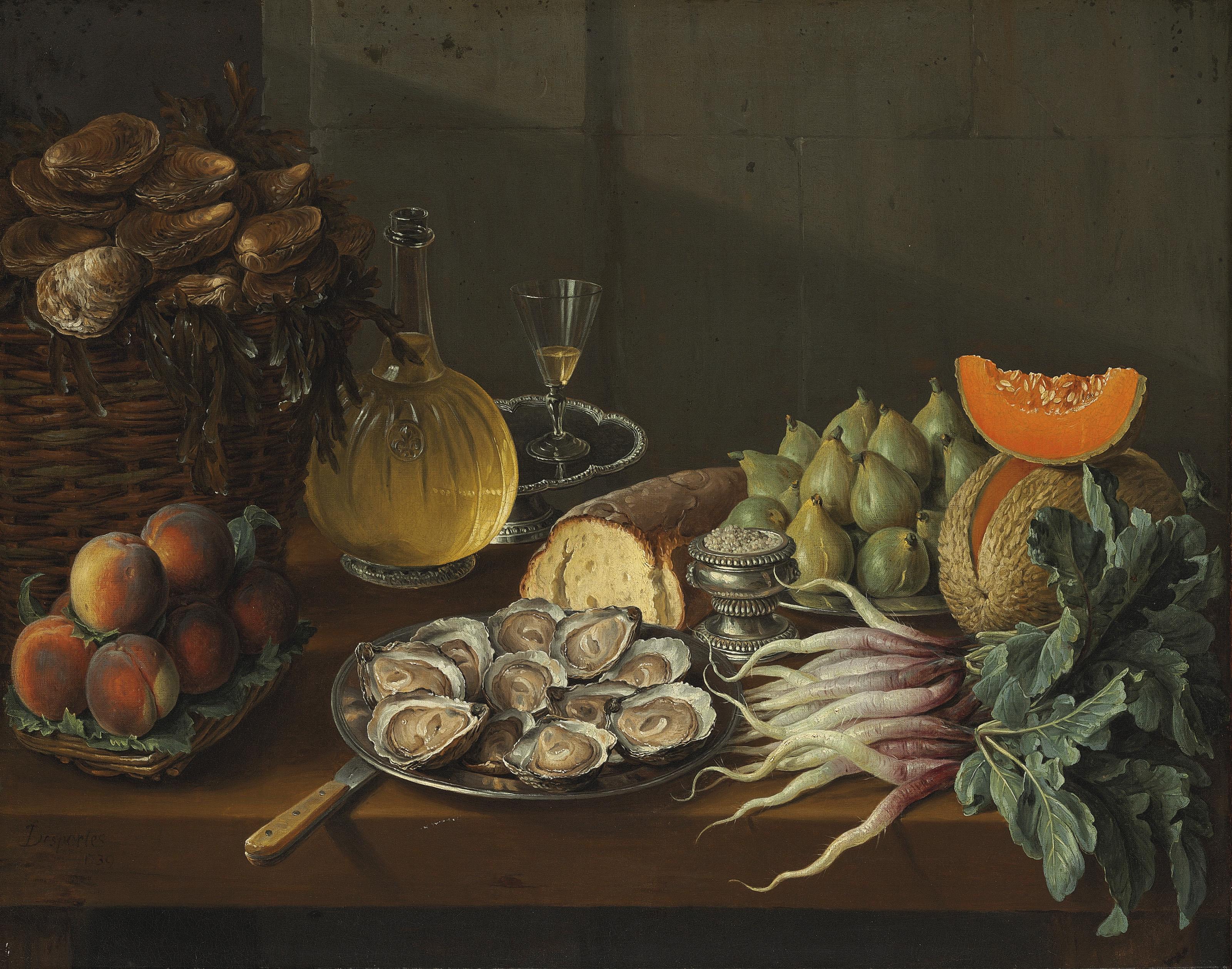 François Desportes - Le Déjeuner Maigre: Oysters, Bread, Wine, Peaches, Pears, Melon, Radishes, Salt And Figs On A Table