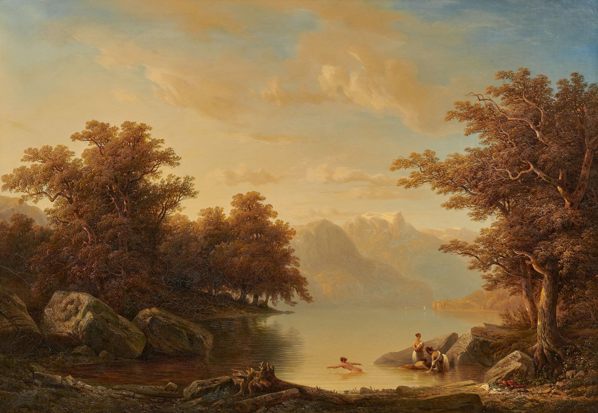 François Diday - Landscape With A Lake And Bathers, 1850