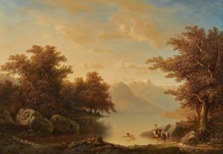 François Diday - Landscape With A Lake And Bathers, 1850