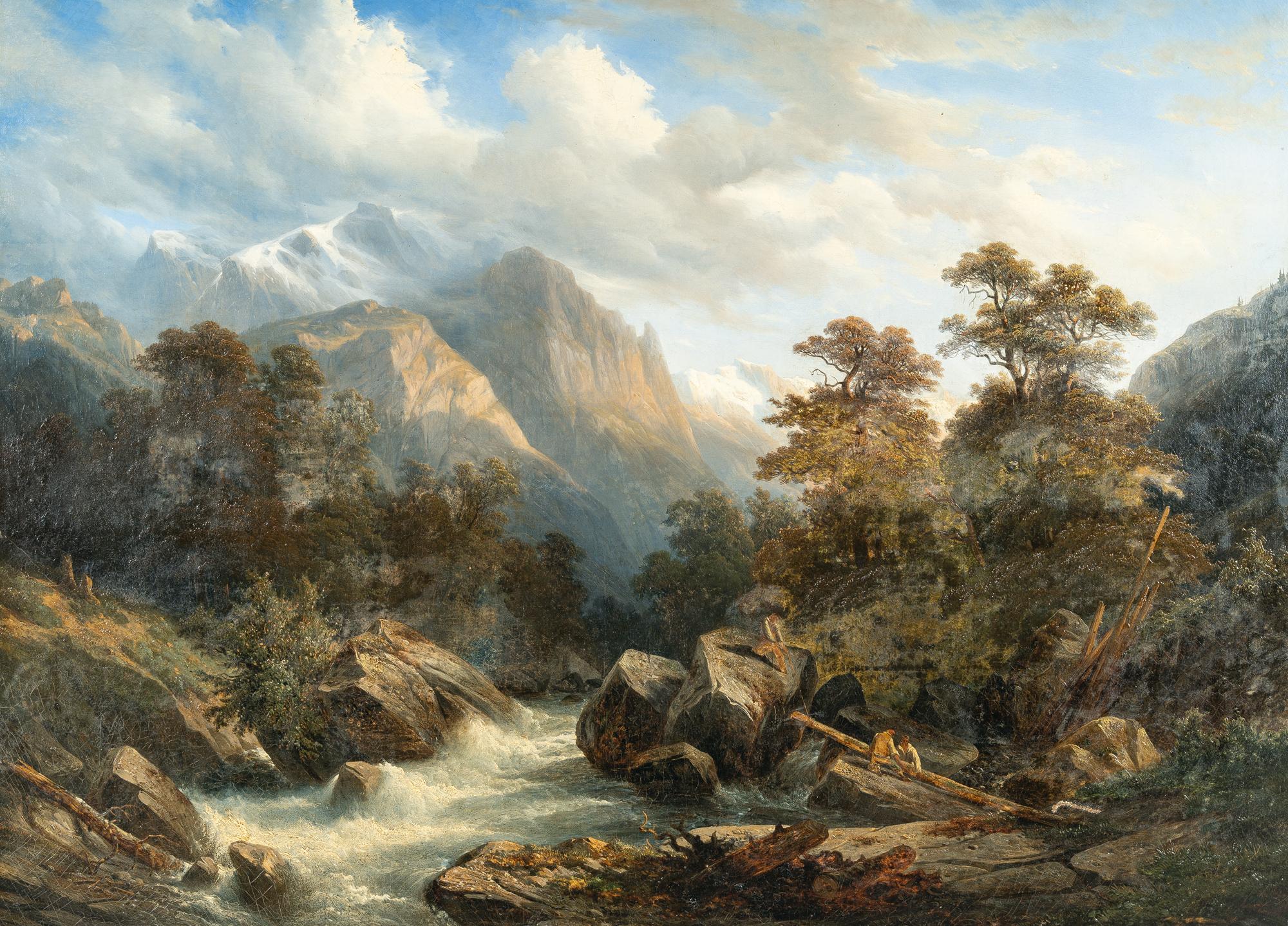 François Diday - Lauterbrunnental mit rauschendem Fluss und figürlicher Staffage