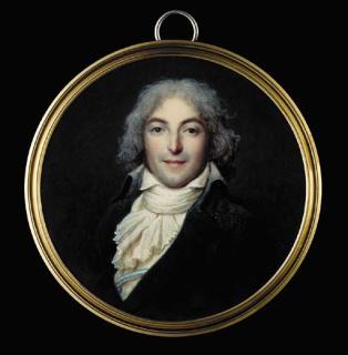 François Dumont - A fine miniature of a young gentleman, full face in dark grey coat and blue bordered white waistcoat, frilled cravat, powdered hair