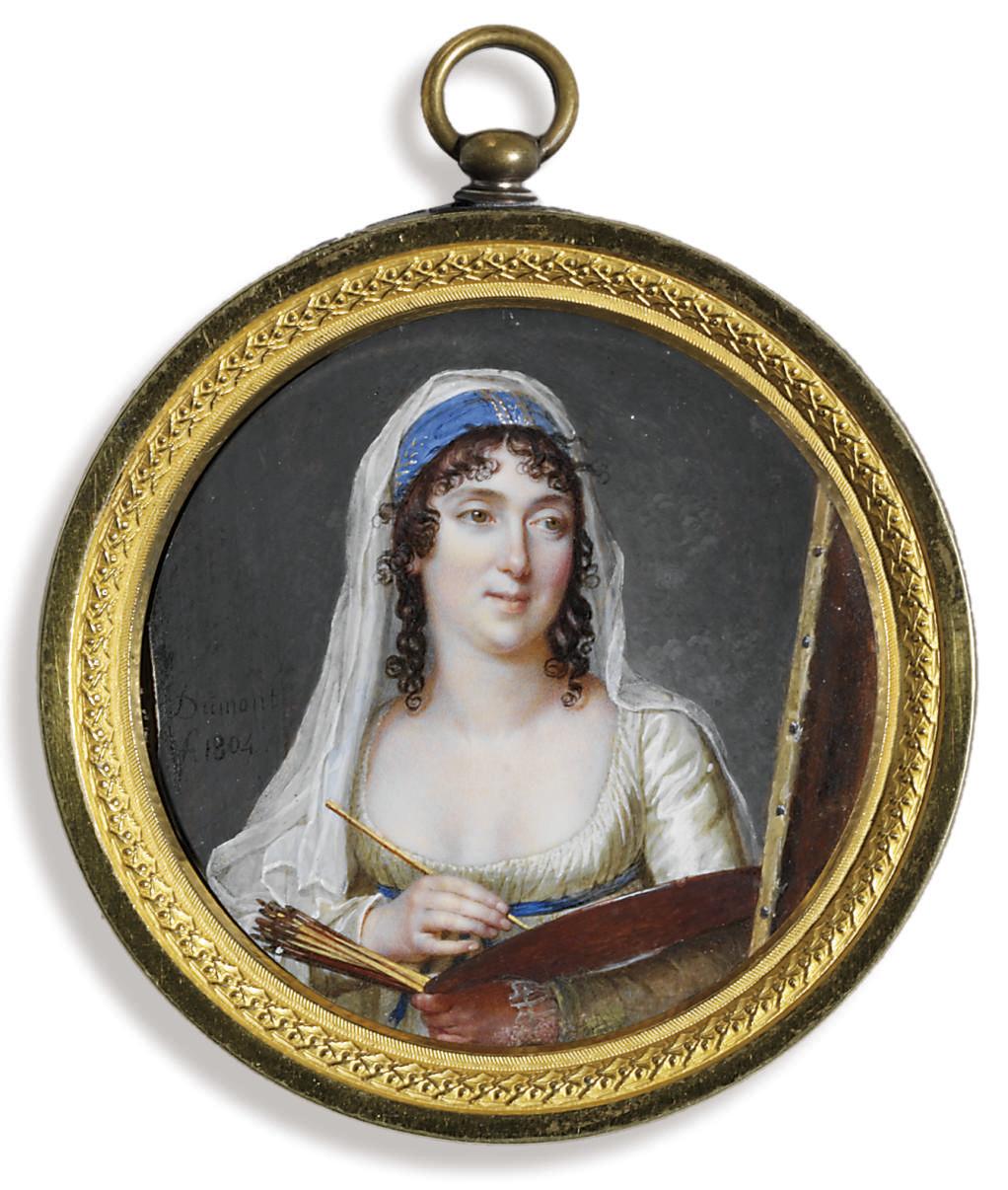 François Dumont - A lady, possibly the artist Marguerite Gérard (1761-1837), in pale green dress and blue sash, wearing blue headdress and white falling veil on her dark curling hair, holding a paint brush and palette before a canvas