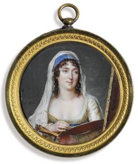 François Dumont - A lady, possibly the artist Marguerite Gérard (1761-1837), in pale green dress and blue sash, wearing blue headdress and white falling veil on her dark curling hair, holding a paint brush and palette before a canvas