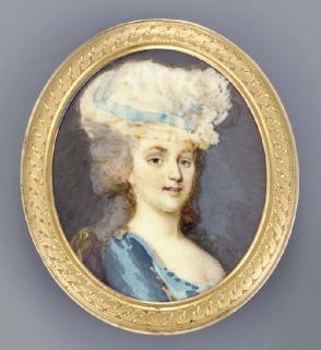 François Dumont - A young lady, facing right in pale blue dress, large white lace cap with blue ribbons in her powdered curling hair