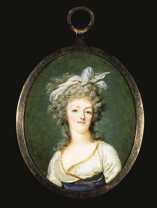François Dumont - Queen Marie-Antoinette (1755-1793), facing right in gold-bordered white satin dress with gold-bordered blue sash, white-bordered pale blue muslin scarf tied in her long curled powdered hair