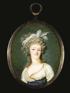 François Dumont - Queen Marie-Antoinette (1755-1793), facing right in gold-bordered white satin dress with gold-bordered blue sash, white-bordered pale blue muslin scarf tied in her long curled powdered hair