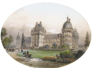 François-Edme Ricois - Vue du Château de Valençay Avec Une Chasse À Courre Au Premier Plan