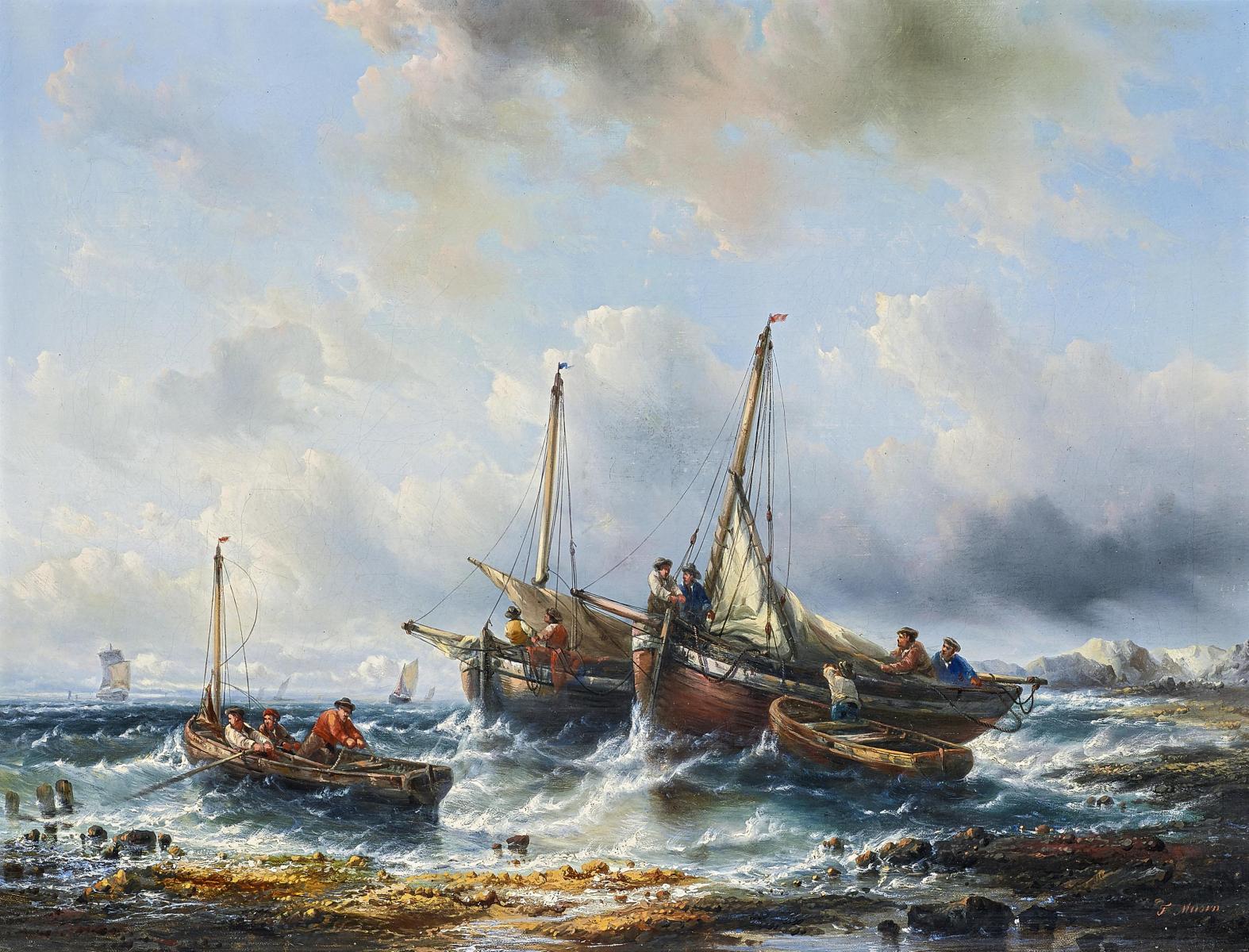 Francois Etienne Musin - Boote in bewegter See an der Küste