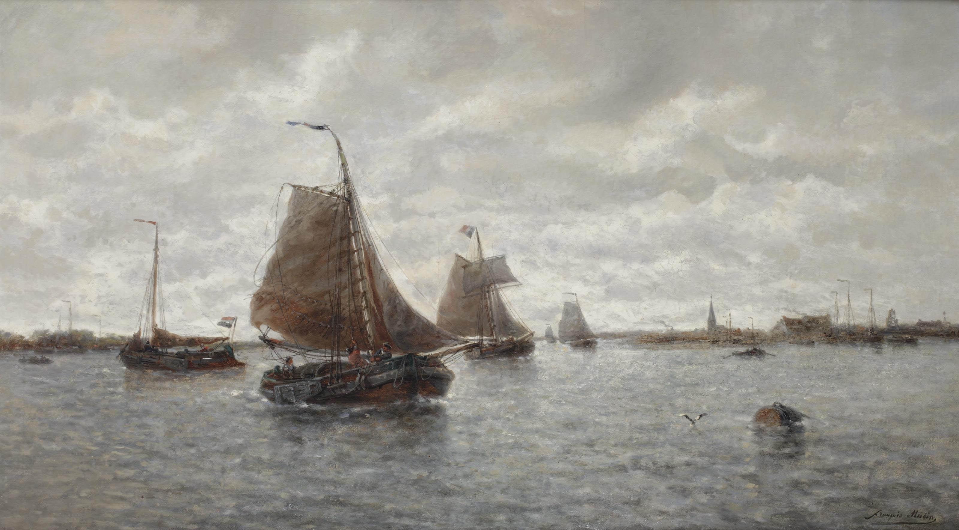 François Etienne Musin - Sailing vessels on a busy river