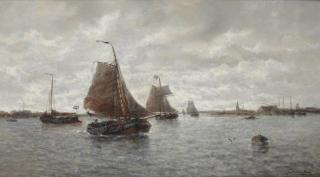 François Etienne Musin - Sailing vessels on a busy river
