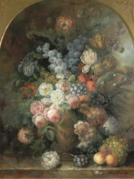 François Gabriel - Still life with flowers in an urn and fruit on a ledge