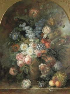 François Gabriel - Still life with flowers in an urn and fruit on a ledge