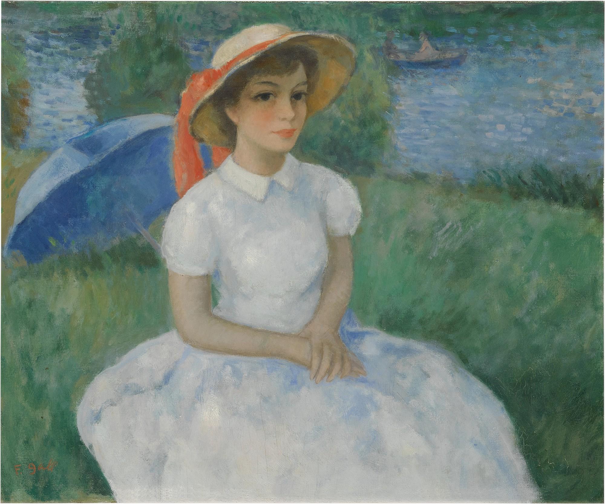 François Gall - Douceur d’été à l’ombrelle bleue, au bord de la Dordogne à Gluges