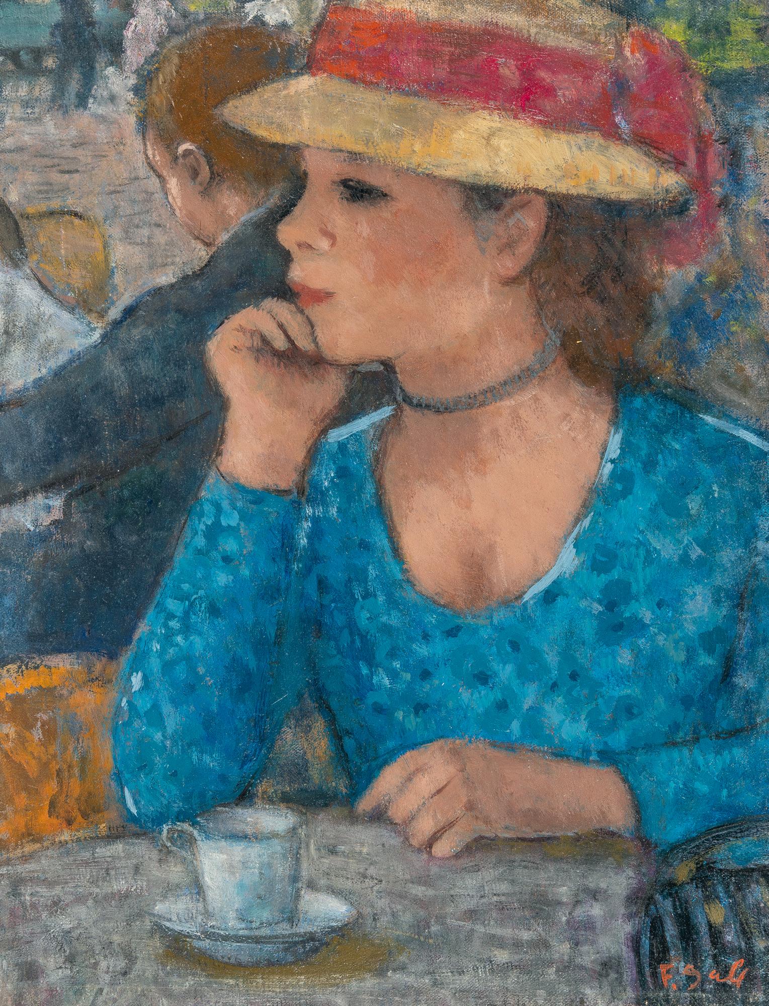 François Gall - Elle attend, paisible sous le chapeau de paille jaune, son rendez-vous au Café de la Paix