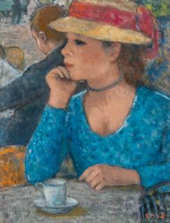 François Gall - Elle attend, paisible sous le chapeau de paille jaune, son rendez-vous au Café de la Paix