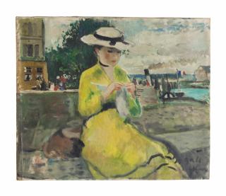 François Gall - Eugenie à la robe jaune, tricote sur le port de Honfleur.
