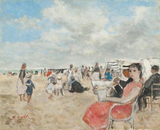 François Gall - Eugénie en robe rouge, assise sur une plage normande