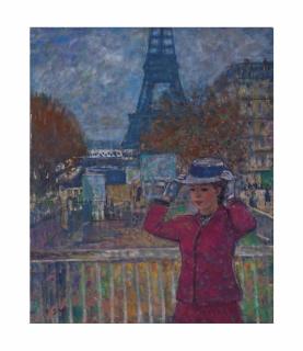 François Gall - Eugénie retient son chapeau, devant l\'Allée des cygnes, vers la Tour Eiffel