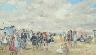 François Gall - François Et Eugènie Gall Et Leurs Deux Filles. Plage De Trouville