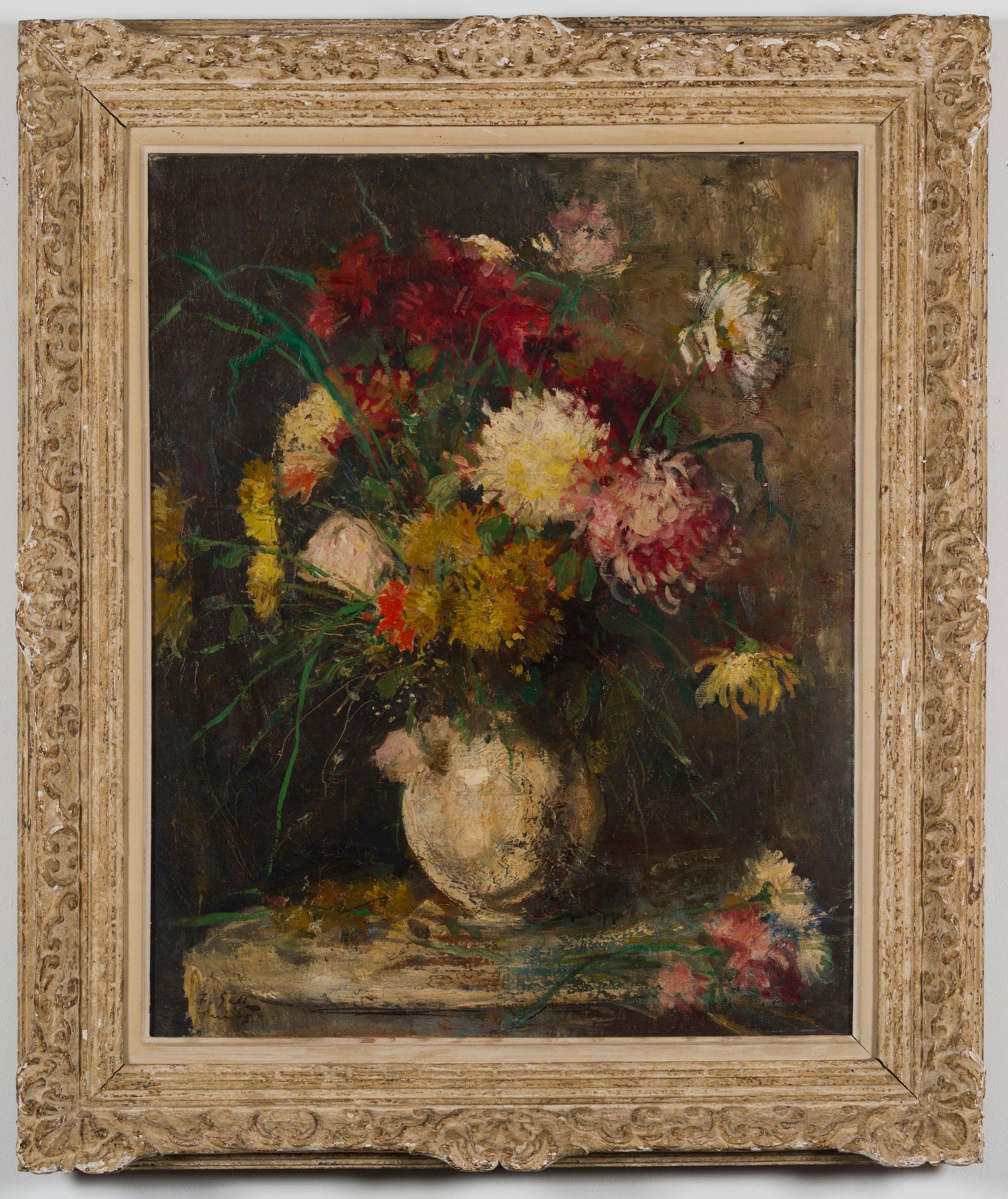 Francois Gall - Jeté de Dahlias et bouquet sur le guéridon blanc, 1945