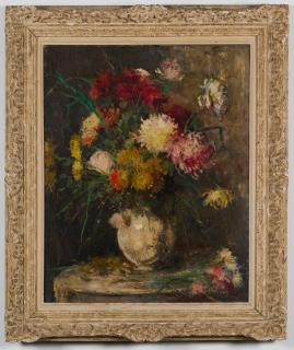 Francois Gall - Jeté de Dahlias et bouquet sur le guéridon blanc, 1945