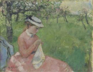 François Gall - Jeune femme à l\'ombrelle cousant dans un pré